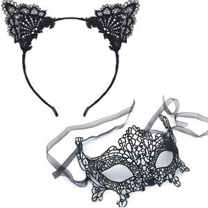 Lace cat ear headband + mask set - black